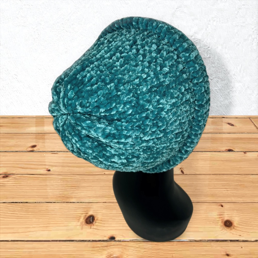 Handmade Super Soft Velvet Knit Beanie Handcrafted Hat Teal - Picture 5 of 11